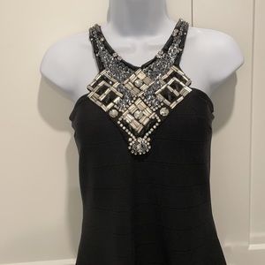 JS boutique black cocktail dress with front beef and stone detailing size 8